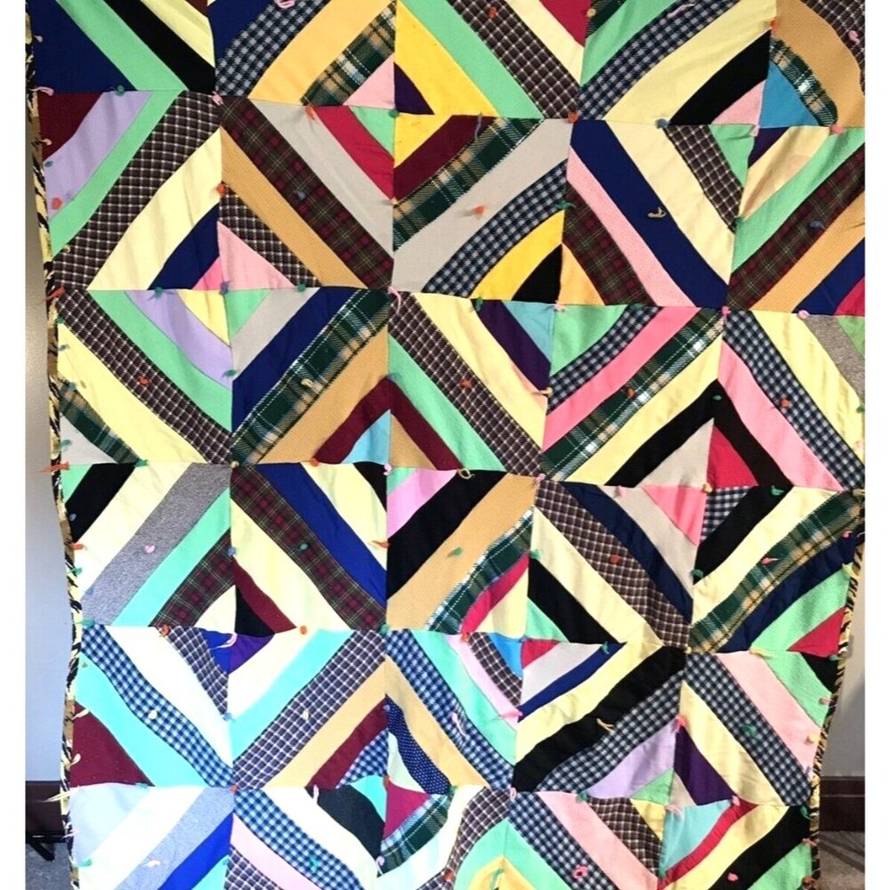 Vintage 1970s Quilt Diamond Crazy Polyester Wool Grannycore Hippie - Picture 3 of 12